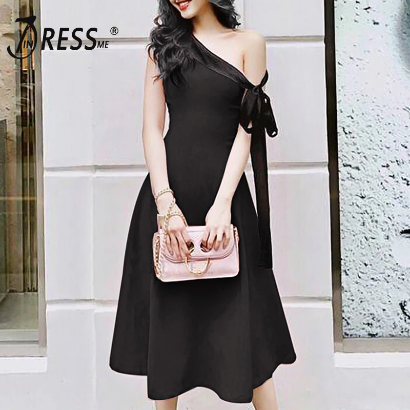 

INDRESSME Summer New One Shoulder Lace Up Bow Women A Line Midi Dresses Cocktail Party Elegant Little Black Dress 2019