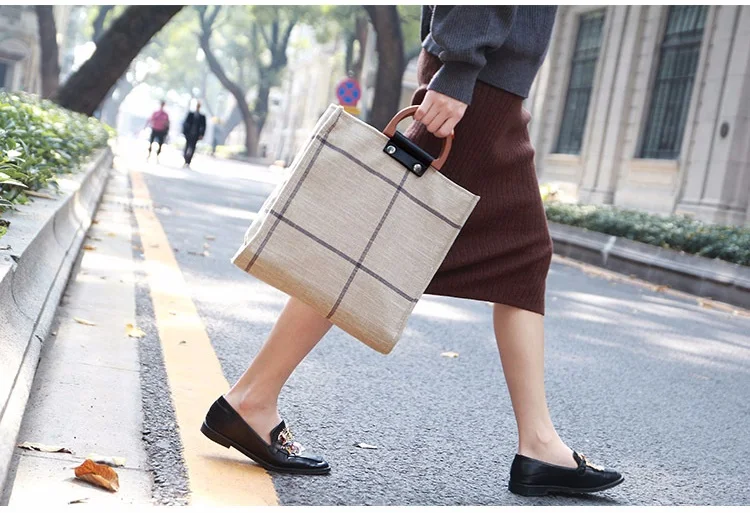 MJ Women Plaid Canvas Tote Casual Beach Bags Big Capacity Women Shopping Bag Daily Use Canvas Handbag Cotton Linen Shoulder Bag (11)