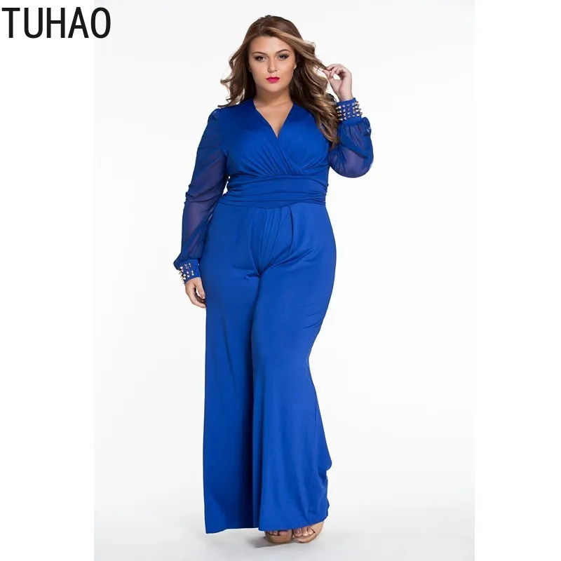 

TUHAO 2018 OFFICE Wide Leg Elegant jumpsuits Black Long Mesh Sleeves Plus Size 3XL Overalls For Women jumpsuit Femme clothes DLM