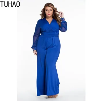 

TUHAO 2018 OFFICE Wide Leg Elegant jumpsuits Black Long Mesh Sleeves Plus Size 3XL Overalls For Women jumpsuit Femme clothes DLM
