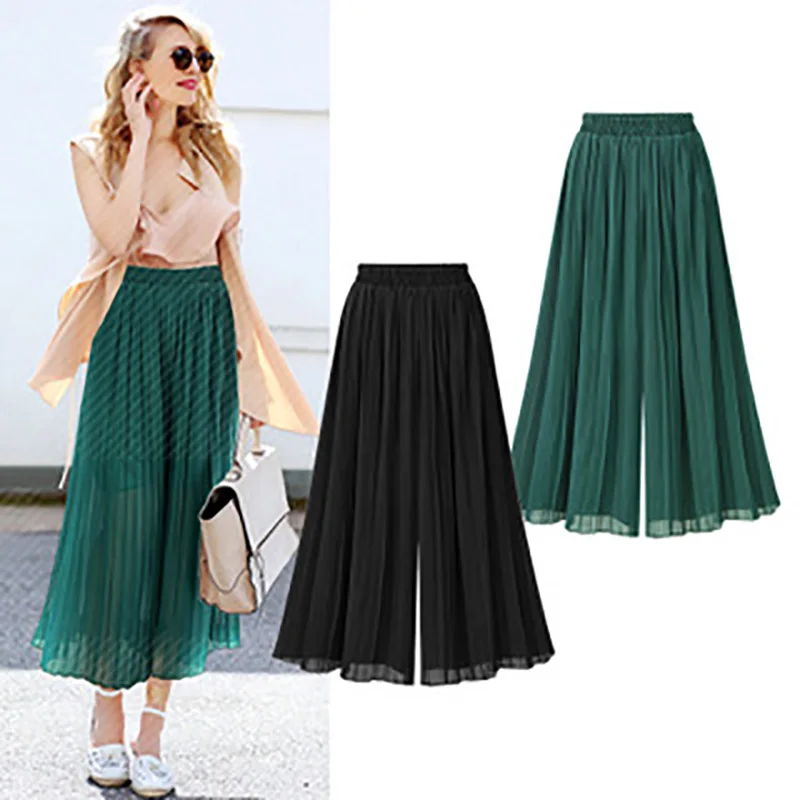 Plus Size Chiffon Pants Women Pleated Pant Thin Wide Leg Pant Ankle Length Wide-Legged Trousers High Waist Casual Skirts Pants