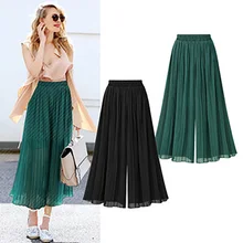 Plus Size Chiffon Pants Women Pleated Pant Thin Wide Leg Pant Ankle Length Wide-Legged Trousers High Waist Casual Skirts Pants