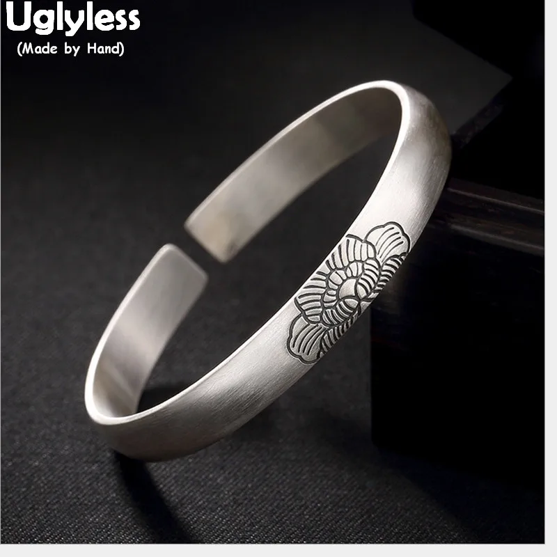 Uglyless 100% Настоящее твердое 990 чистое серебро ручной работы широкие браслеты для женщин этнический цветок лотоса Открытый браслет тайский