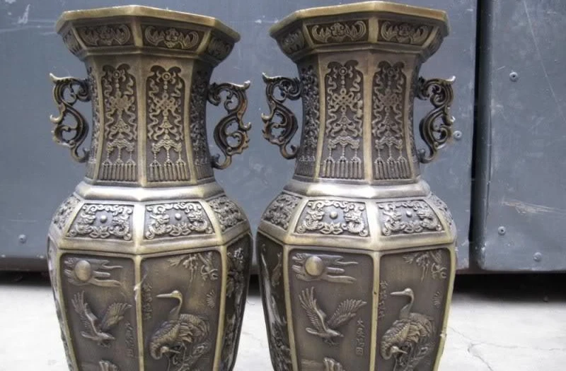 

Regius classical Old Bronze Eight arris Fly Eagle & red crown crane Vase Pair