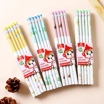 

10pcs/set Cartoon Pattern Print White HB Pencil with Eraser Top Round Wood Pencil for Kids School Office Supplies