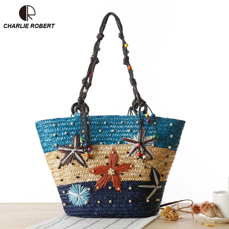 

2019 Straw Bags Women New Summer Rattan Shoulder Bag Handmade Woven Starfish Beach Casual Tote Bag Bohemia Handbag Bali Box