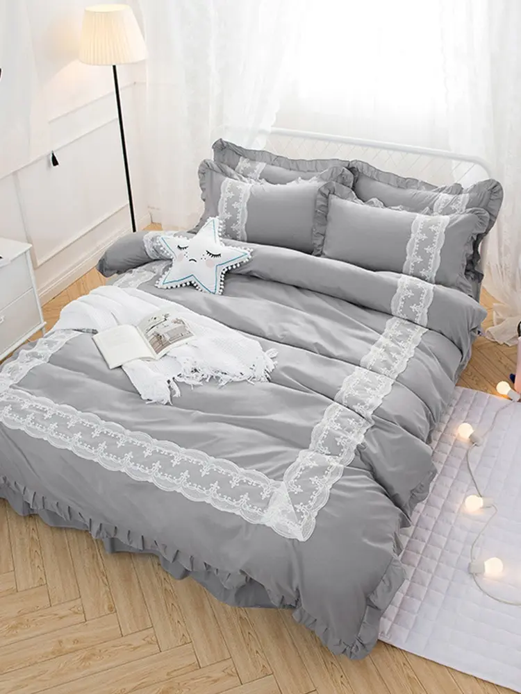 

4Pcs Bedlinens Set Fresh Simple Solid Lace Up Ornament Comfy Bed Cover Set
