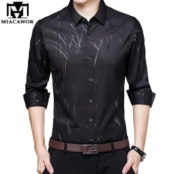 

MIACAWOR New Shirt Men Business Casual Shirt Line Print Long Sleeve Camisa Masculina Slim Fit Social Shirts Men Clothing C489