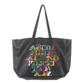 

Women's genuine leather fashion big capacity shoulder bag personalized cartoon letter printing large tote commute handbag