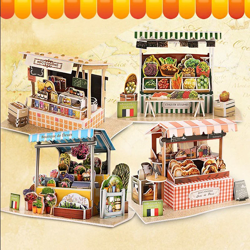 

3D Paper house Puzzle for kids Funny 3D Puzzles DIY Children French Coffee Shop Pretend wood model Building Flower shop Jigsaw