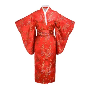 

Red Japanese Women Traditional Silk Kimono With Obi Vintage Evening Dress Performance Dance Dress Cosplay Costume One size