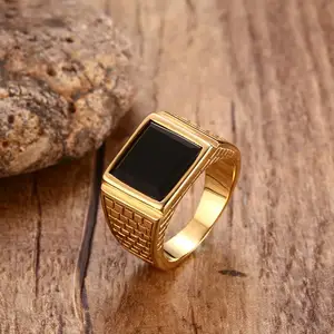Punk Men's Stainless Steel Black Stone Gold Ring Europe and America Style Punk Men's Stainless Steel Black Stone Gold Ring Europe and America Style