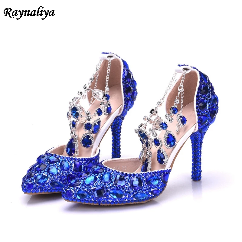 

Woman Crystal Blue Pearl Tassel Wedding Shoes Bride Wedding With Pointed Toe Shoes Sandals 2018 New Summer Sandals XY-B0087