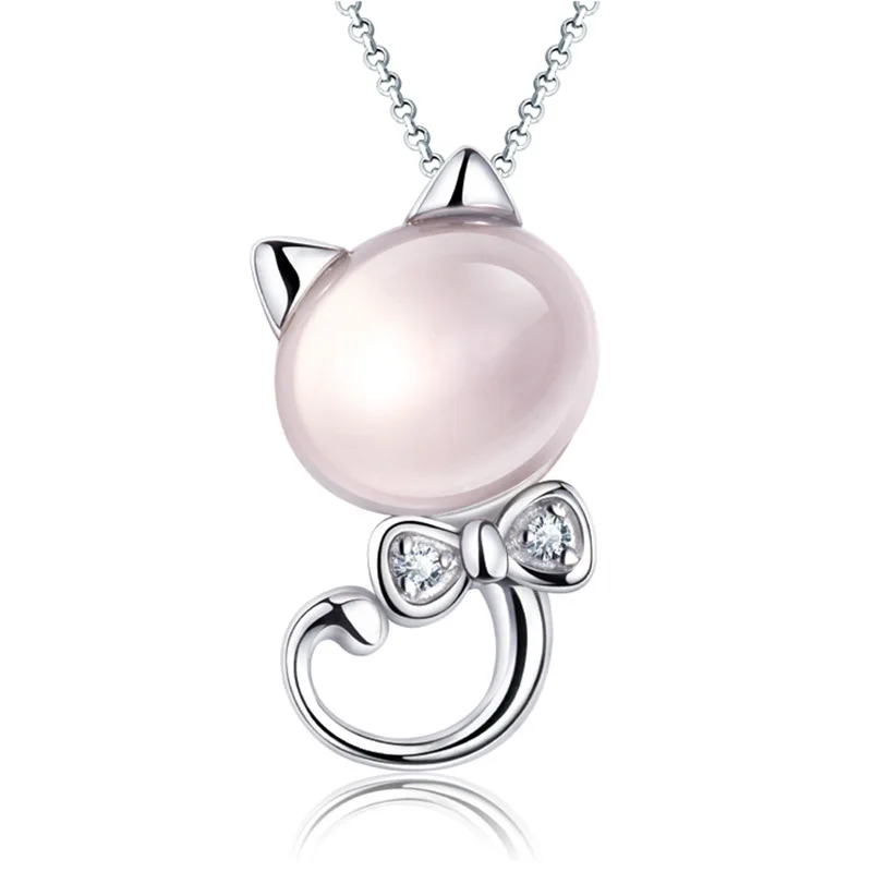 

Cute cat necklace pink opal kitten pendant necklace lovely gift free shipping