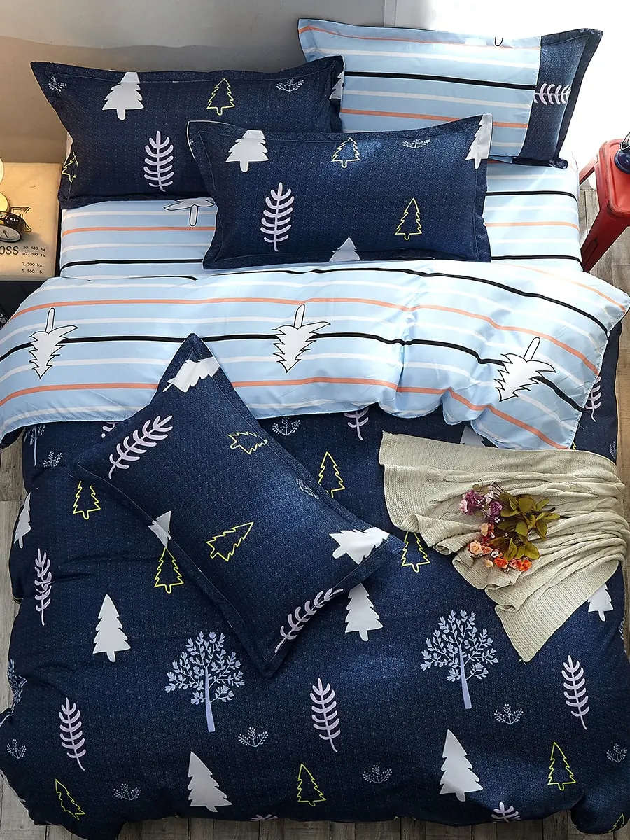 

4Pcs Bedsheet Set Pastoral Style Simple Trees Pattern Supple Bedding Set