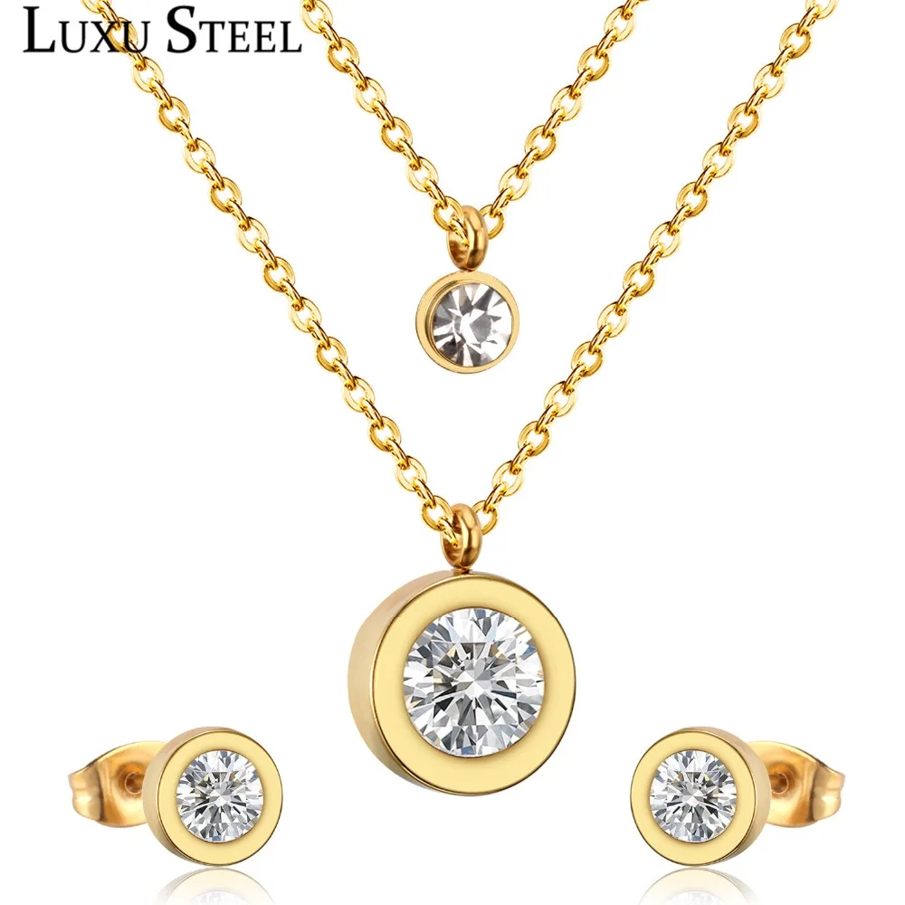 Комплект украшений LUXUSTEEL с двойным круглым кулоном из нержавеющей стали фианитом