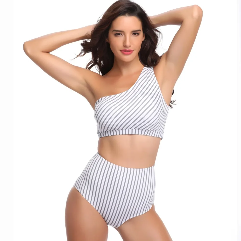 

High Waist Swimsuit Sexy Striped Bikinis One Shoulder Swimwear Women Push Up Bathing Suit Beachwear Brazilian Bikini Set