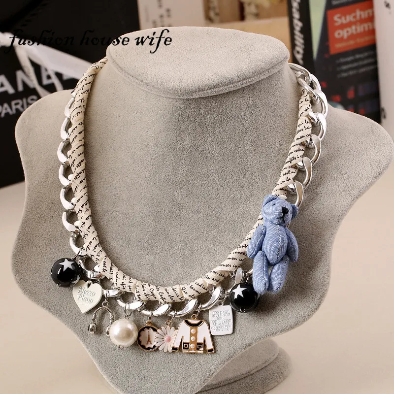 

Fashion Ribbon Statement Necklace Charm Flower Pearl Bear Geometry Pendant Choker Necklace For Women Collar Bijoux Jewelry