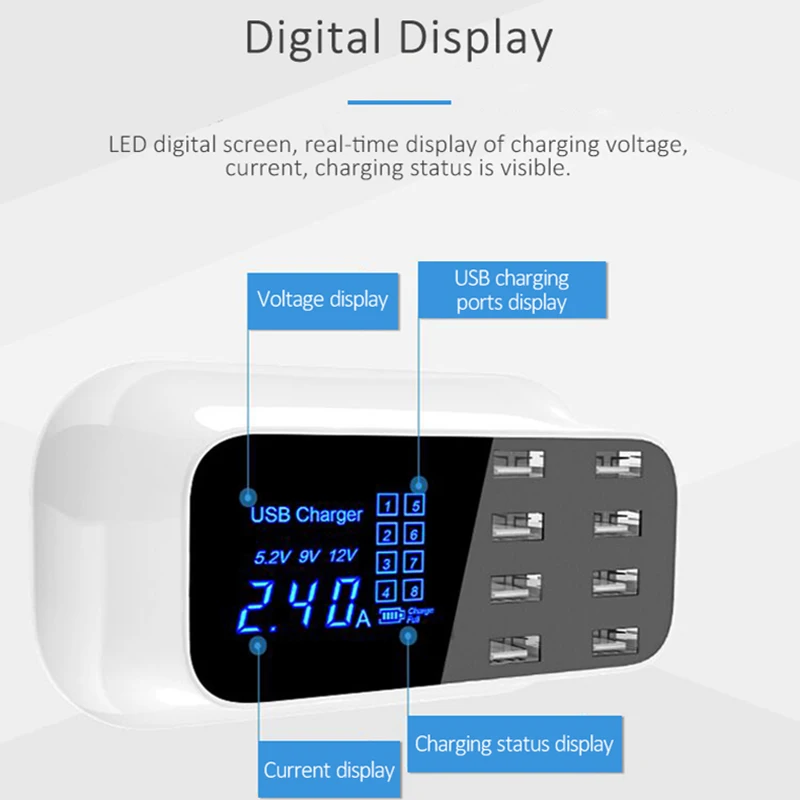 Универсальное 8 Портовое умное USB зарядное устройство, адаптер, станция, концентратор, светодиодный дисплей, мобильный телефон, планшет, настенное зарядное устройство, настольная розетка, штепсельная вилка европейского стандарта