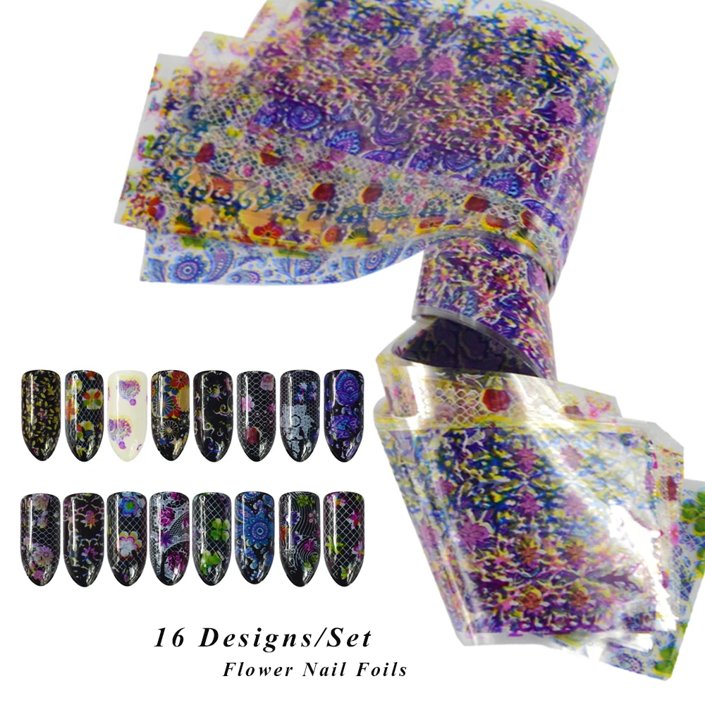 

16pcs/set Transparent Paper Flower Colorful Nail Foils Nail Art Transfer Sticker Decals DIY Craft Beauty Decorations CH500