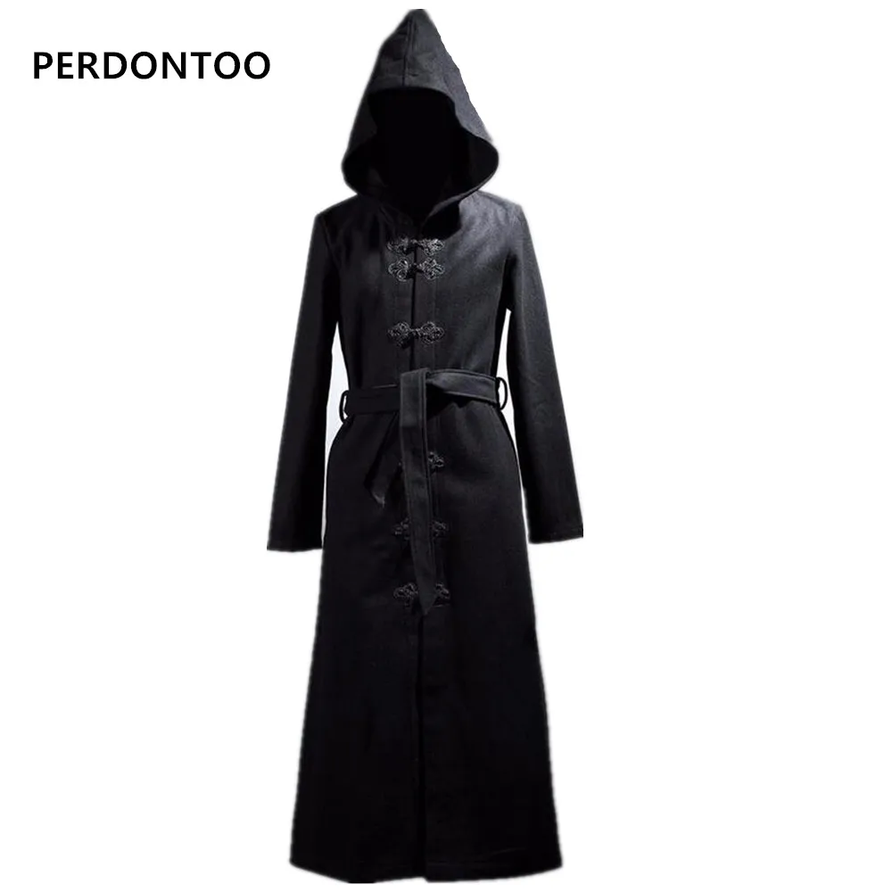 

Winter Jacket Fashion Harajuku Men Wool Belt Coat Overcoat Brand Cool Gothic Clothing Black Extra Long Mens Pea Coat With Hood