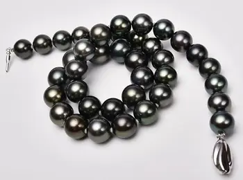 

stunning AAA12-13mm tahitian round black green pearl necklace 18inch 925s kkk