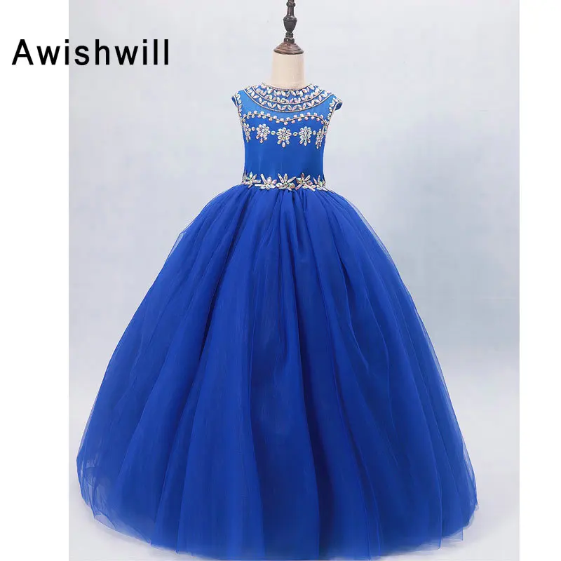 Royal Blue Flower Girl Dresses for Weddings With Beads Tulle Cap Sleeve