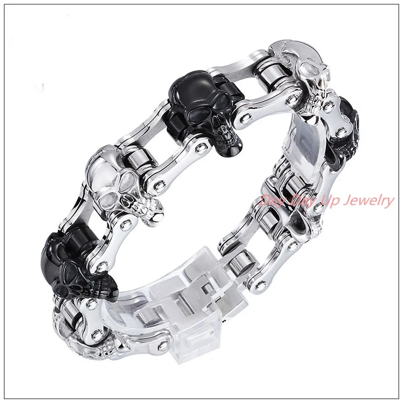 

8.66"*18mm 141g High Quality Silver Black Jewelry 316L Stainless Steel Punk Skeleton Skull Harley Primary Men's Bracelet Bangle