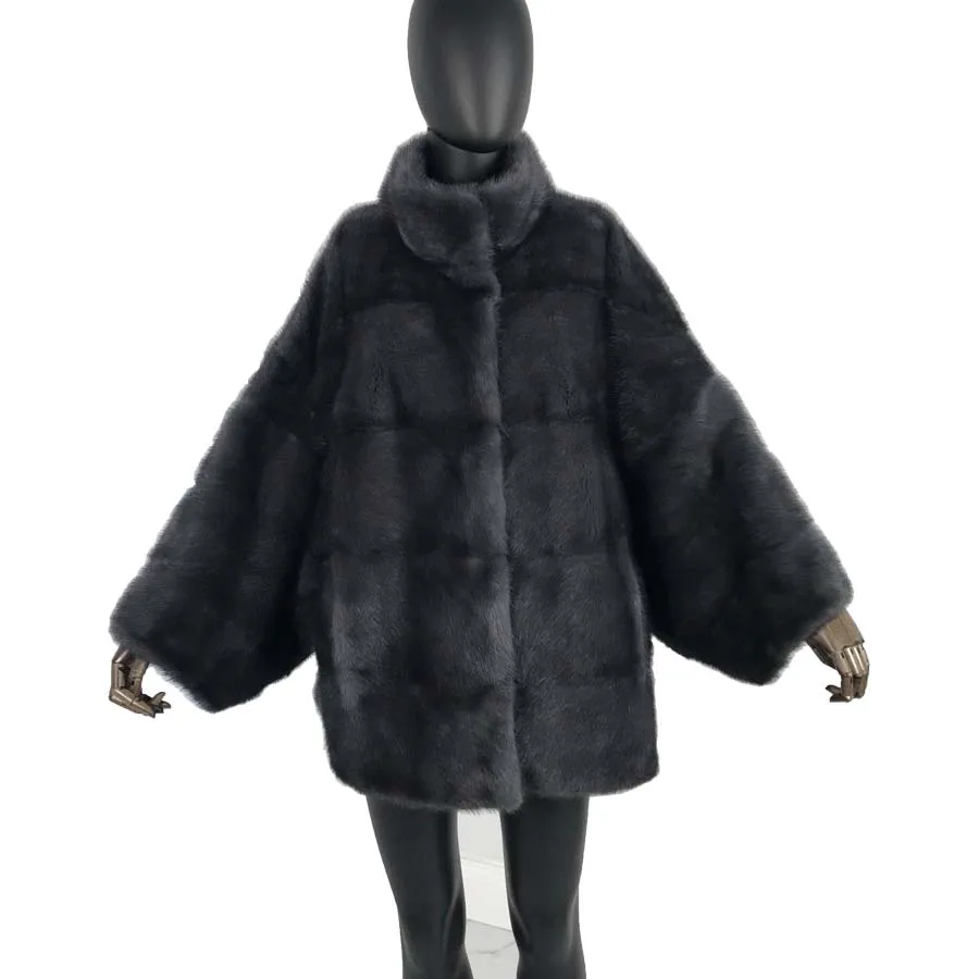 

middle-long real mink fur coat with batwing sleeve standing collar Loose Mink Fur Coats Long new style female Genuine fur over