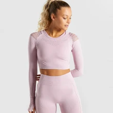 Безупречный трикотажный бесшовный укороченный топ для йоги Женская футболка с длинным рукавом для фитнеса облегающая Спортивная одежда для бега с отверстиями для большого пальца спортивная рубашка