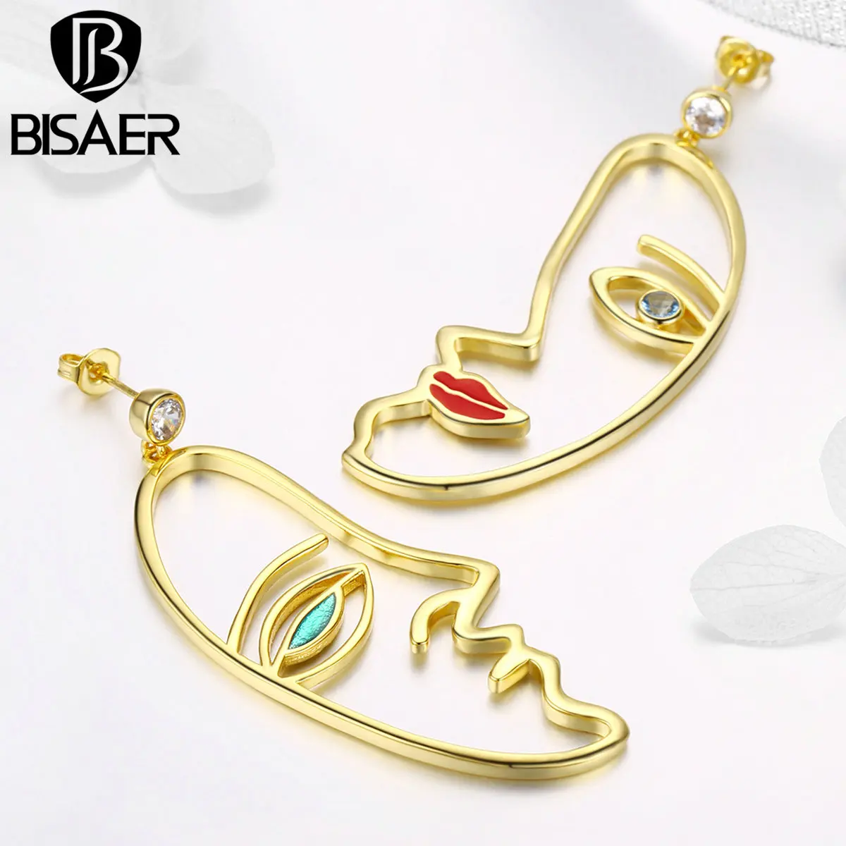 

BISAER Hyperbole Earrings Gold Color Hyperbole Picasso Face Stud Earrings for Women Zircon Enamel Party Wedding Jewelry WEYE131