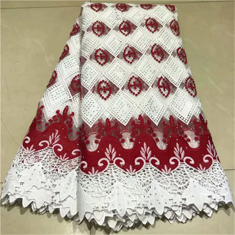 

Beautiful Guipure Lace Fabric with stone white/red African Cord Lace Fabrics 2018 Hot Sale Net Embroidery Lace For Wedding