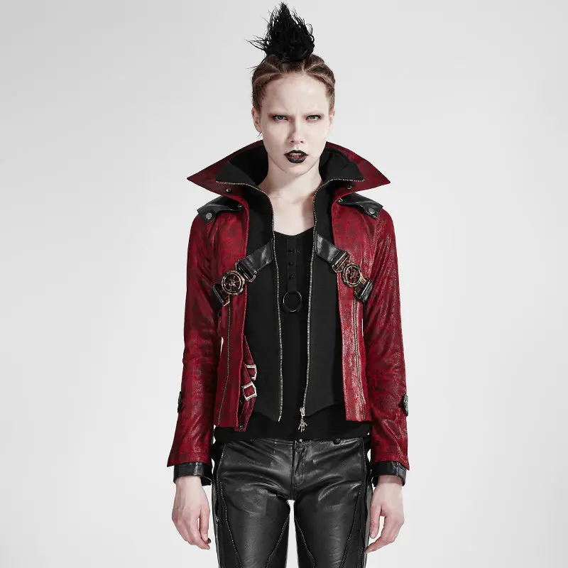 

Steampunk Red And Black Handsome Leather Short Coat Gothic Style Women Stand Collar Slim Fit Mortorcycle Jacket Coats