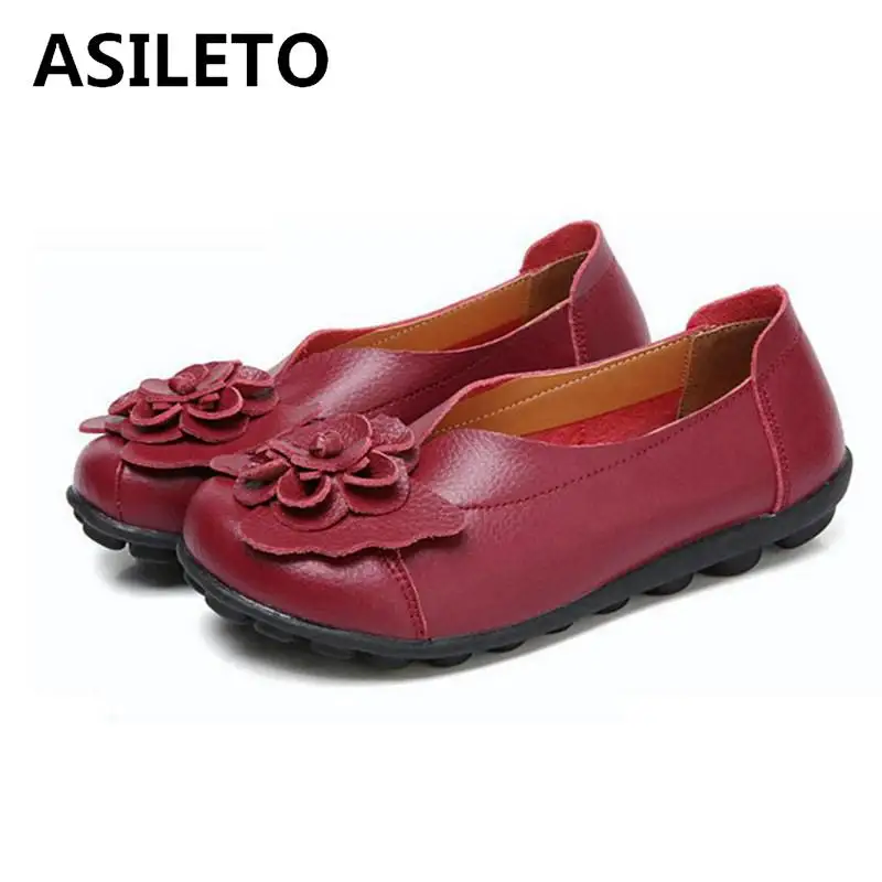 Asileto на плоской подошве; женская обувь; балетки Цвета цветок Для женщин натуральная женская кожаная обувь на плоской подошве гибкие Лоферы Туфли без каблуков аппликации T148