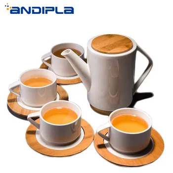 

4 Cup +4 Saucer+1 Pot Teaware Set Ceramic White Porcelain Wood Material Teapot Home Japanese Style Brief Kung Fu Tea Set Kit