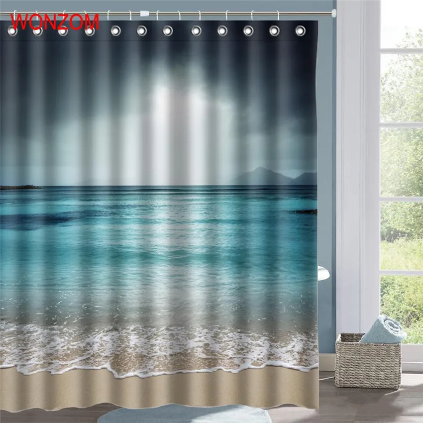 

WONZOM Landscape Shower Curtains For Bathroom Decor Modern Polyester Fabric 3D Sea Bath Curtain with 12 Hooks Mildewproof Gift