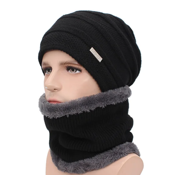 AETRUE, модные зимние шапки, шарфы, Skullies Beanies, мужские шапки, вязаные головные уборы для мужчин и женщин, бренд Gorras, теплая шерстяная Мужская Шапка-бини - Цвет: black set