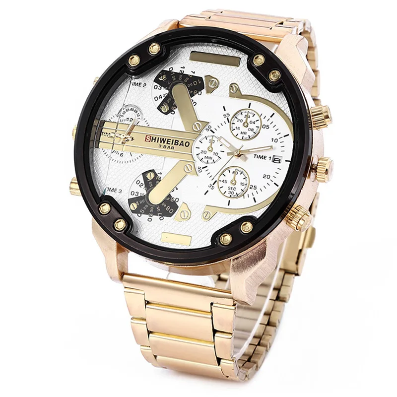 dz style military watches for men dual tiome zones golden steel band cool big case mens watches quartz wrist watch man (3)