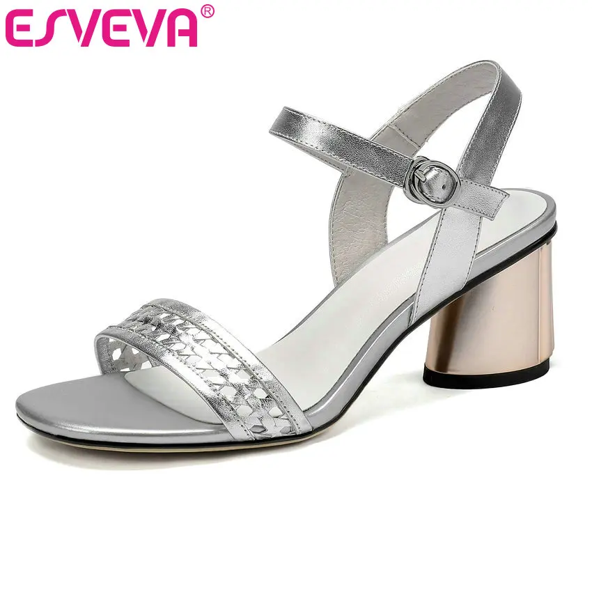 

ESVEVA 2019 Women Sandals Cow Leather +PU Coarse High Heel Round Toe Cut Outs Buckle Slingback Cut Outs Ladies Pumps Size 34-42