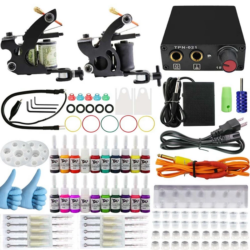 

Professional tattoo kit 2 guns machines 3 ink sets power supply disposable needle Cord Kit Body Beauty DIY Tool free shipping