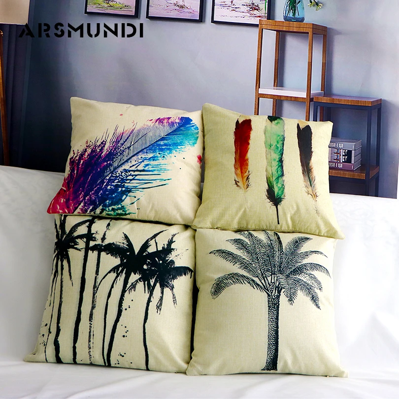 

Decorative Cushion Covers Hawaiian Coconut Trees Throw Pillows Feather Painting 100% Cotton Linen Pillow Covers Seat Cushion