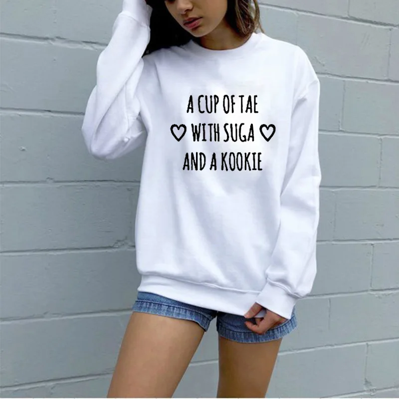 

EnjoytheSpirit Women's Crewneck Sweatshirt A Cup of Tae with Suga and A Kookie Funny Letters Printed Jumper Unisex Warm Winter