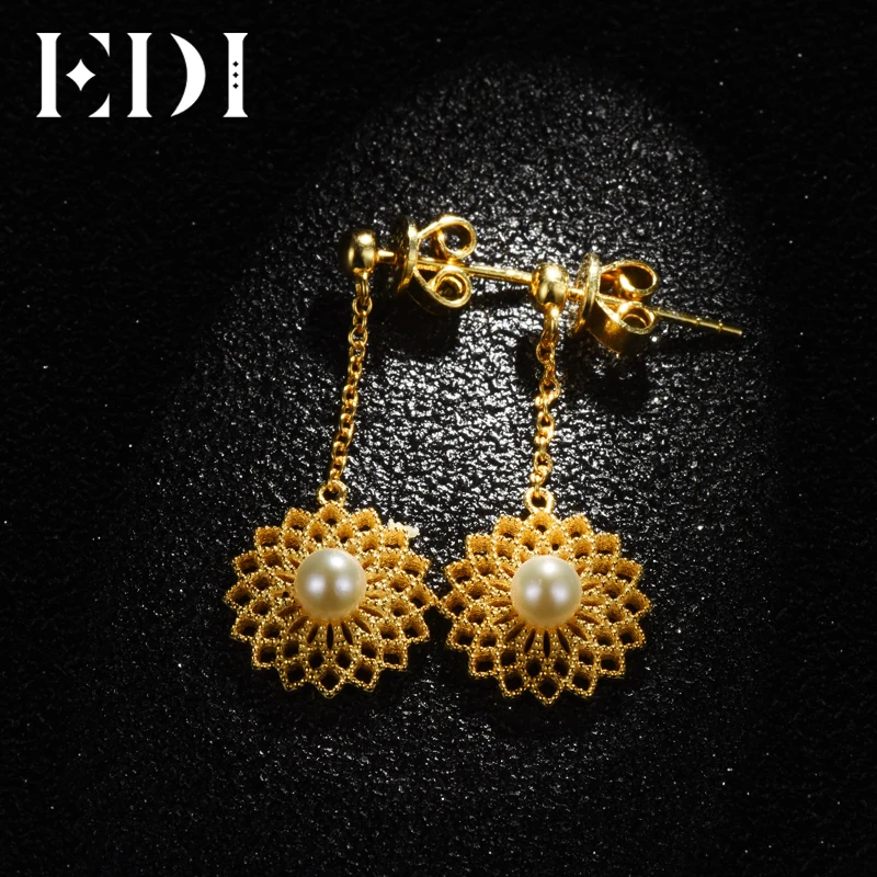 

EDI Trendy Woman 925 Sterling Silver Yellow Flower Dangle Earrings Natural Freshwater Pearl Drop Earring For Women Fine Jewelry
