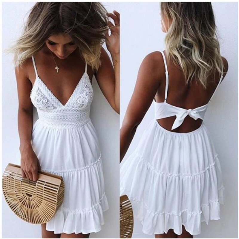 

Girls Summer Dress Spaghetti Strap Bow Sexy Women V-neck Sleeveless Beach Backless Lace Patchwork vestidos de verano R092
