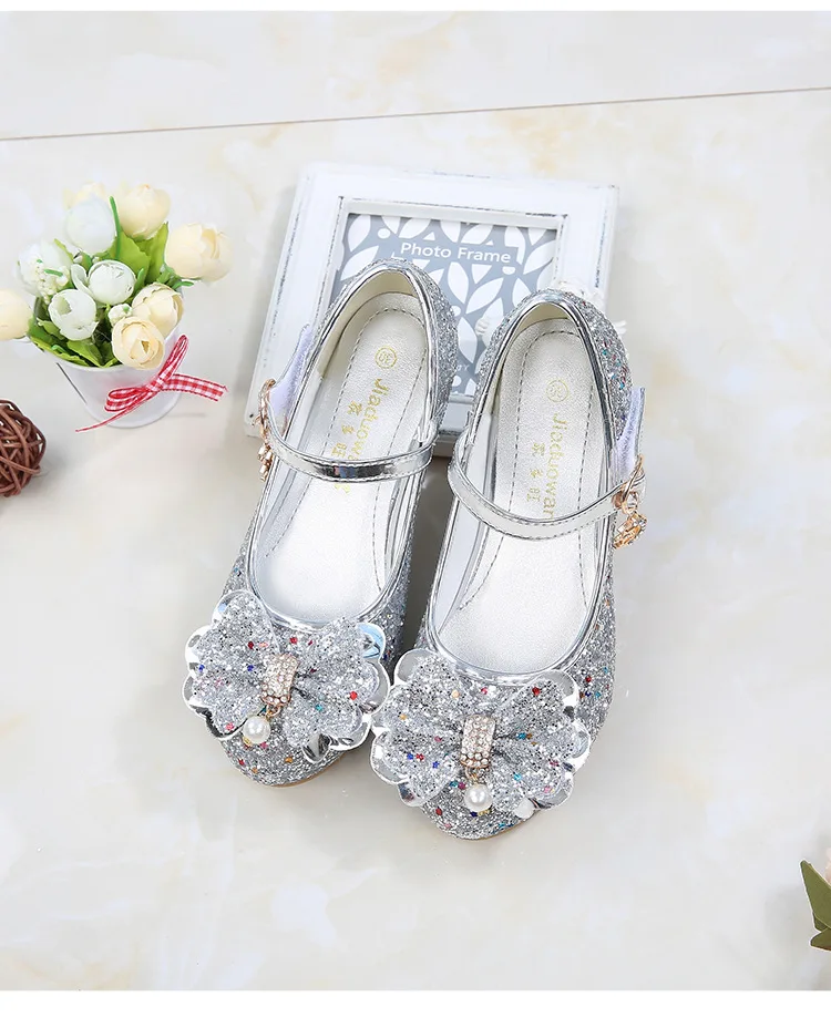 ULKNN Princess Kids Leather Shoes For Girls Flower Casual Glitter Children High Heel Girls Shoes Butterfly Knot Blue Pink Silver