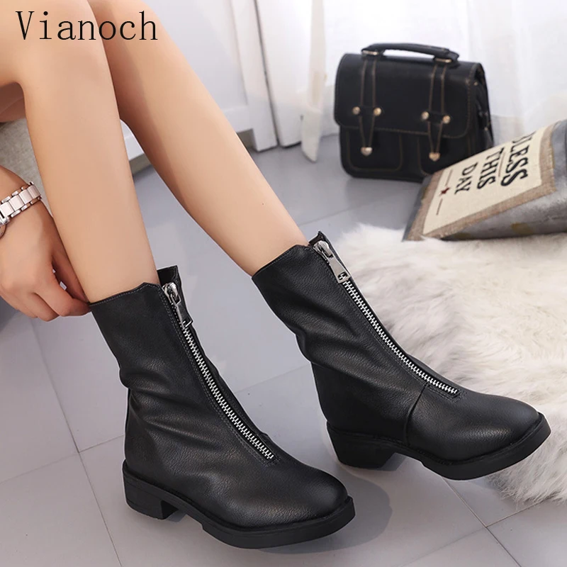 

2018 New Fashion Womens Mid Calf Boots Black Autumn Spring Casual Flats Shoe Lady aa1023