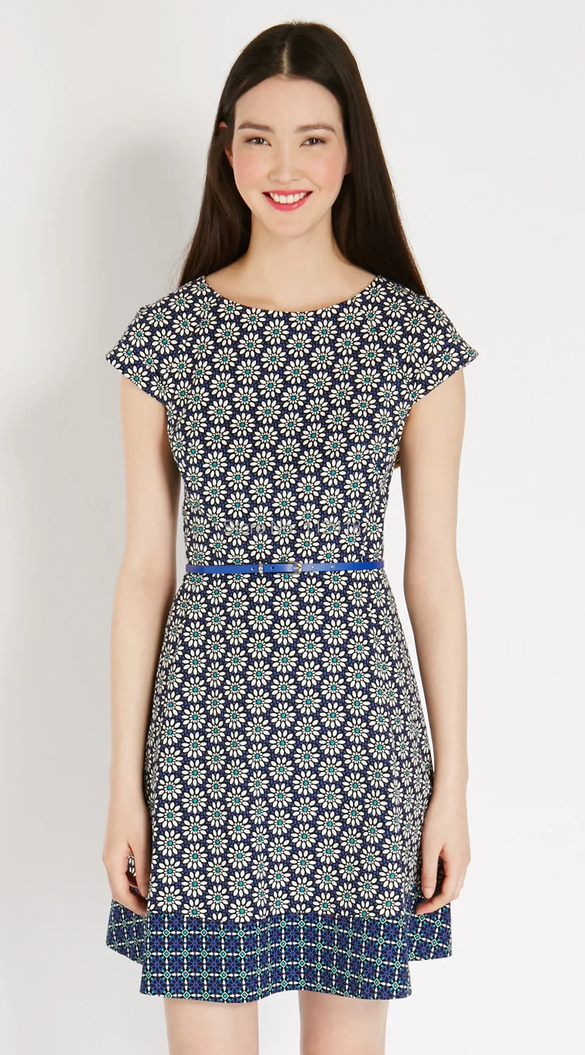 Fashion Flower Tile Print Skater Dress Elegant Women Work Dresses 8461