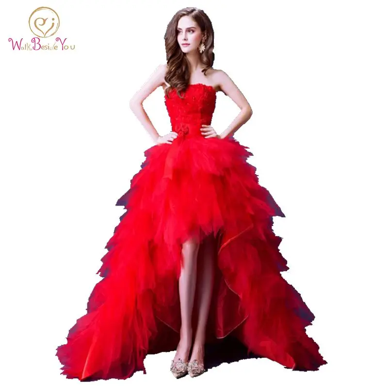 

100% Real Image Luxury Red Evening Dresses Short Front Long Back 2016 High Quality Strapless Floral Lace Prom Gowns
