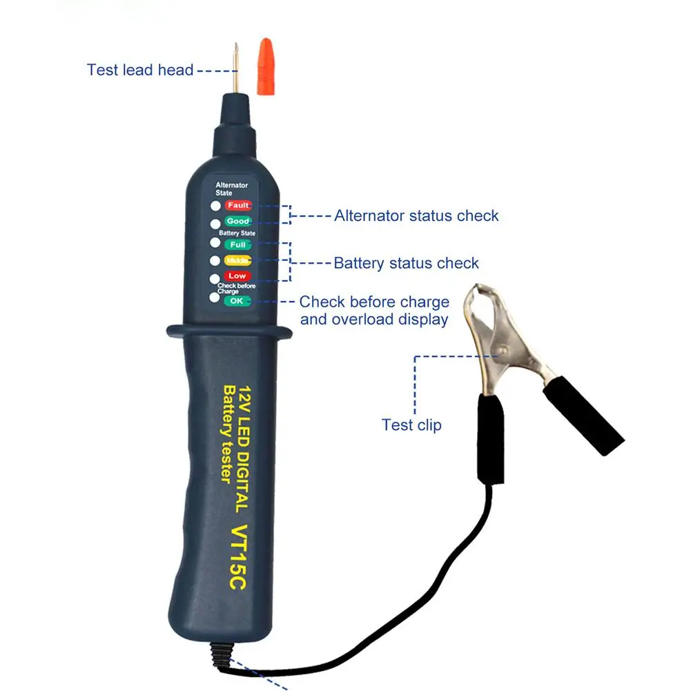 

VT15C Smart 12V Car Battery Tester Digital Auto Alternator Analyzer Before Charge Check Diagnostic Tool Voltmeter 6 LED Lights