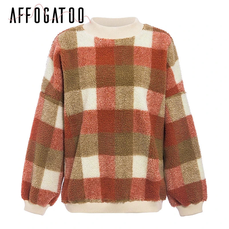 Afogafoo повседневные клетчатые кофты с капюшоном из овечьей шерсти, свитер для женщин, винтажный Свободный пуловер, свитер, осенне-зимние